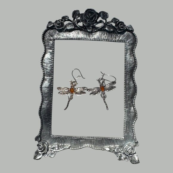 Dragonfly Amber & Sterling Silver 925 Vintage Dangle Earrings - Picture 4 of 9
